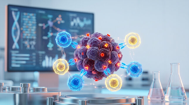 Futuristic oncology treatment concept showing checkpoint inhibitors, monoclonal antibodies, and CAR T-cell therapy targeting cancer biomarkers, representing personalized medicine and precision cancer 