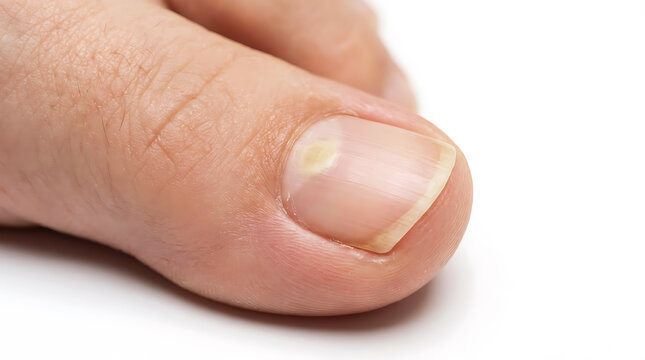 Close up view of a human big toe with a healthy natural looking fingernail on white background