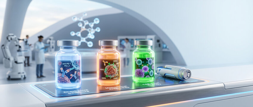 Futuristic oncology treatment concept with checkpoint inhibitors, monoclonal antibodies, and CAR T-cell therapy targeting cancer biomarkers, symbolizing personalized medicine
