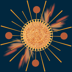 Złoty wzór ze słońcem w stylu azteckim na tle ciemnego oceanu, mistyczna ilustracja etniczna mandala © Katarzyna