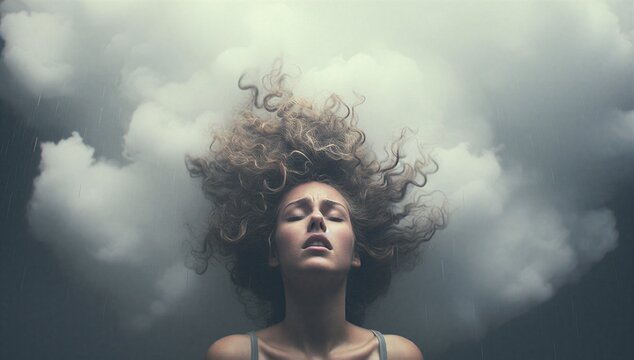 Woman with closed eyes beneath a storm cloud and rain, symbolizing mental health struggle, depression, borderline mood, and emotional crisis.