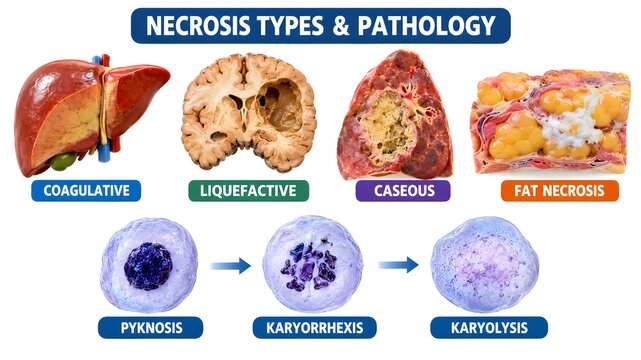 Necrosis Types and Pathology Showing Liquefactive, Caseous and Cellular Nuclear Changes