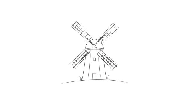 Traditional dutch windmill outline graphic illustration on a hill with windmill illustration architecture building structure