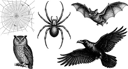Fototapeta premium Raven in flight with owl bat spider and web elements