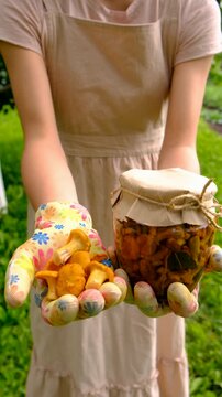 Preservation of chanterelle mushrooms in a jar. Selective focus.