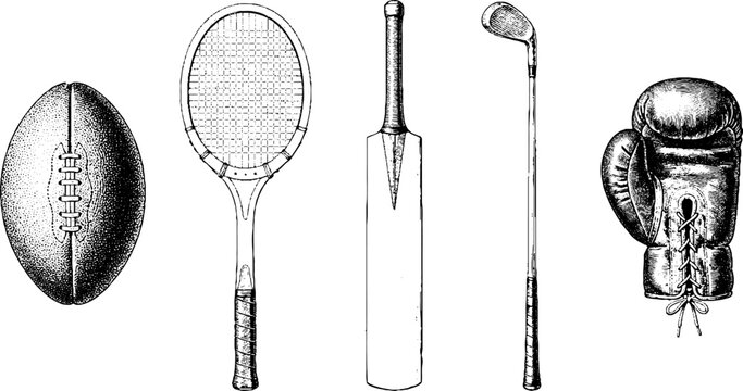 Vintage sports implements aligned horizontally on plain background