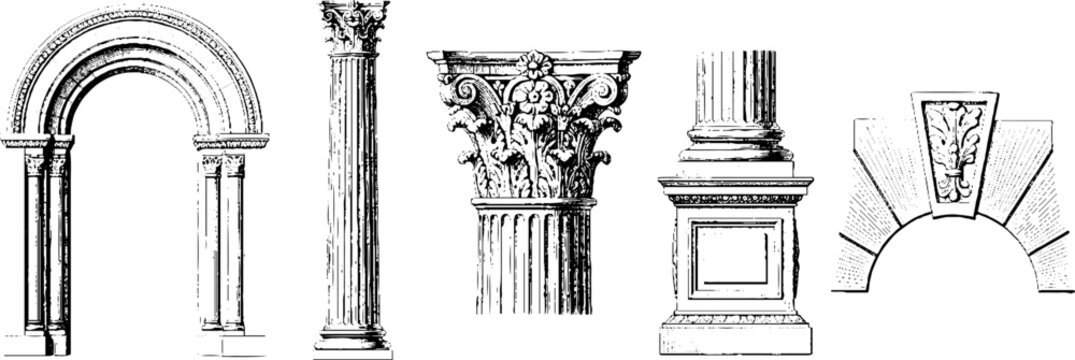 Architectural elements showing arches columns capitals and keystone