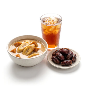 Kolak pisang dates and iced tea for iftar on white background