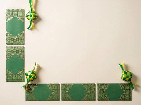 Green Eid money envelopes and ribbon ketupat with copy space