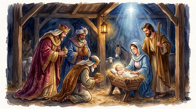 Watercolor illustration of three wise men magi presenting gifts to baby Jesus in manger with Mary Joseph in nativity stable