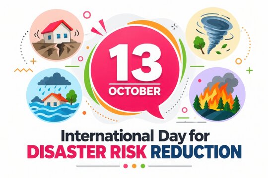 October 13th International Day for Disaster Risk Reduction with varied natural disaster icons during daylight with copy space