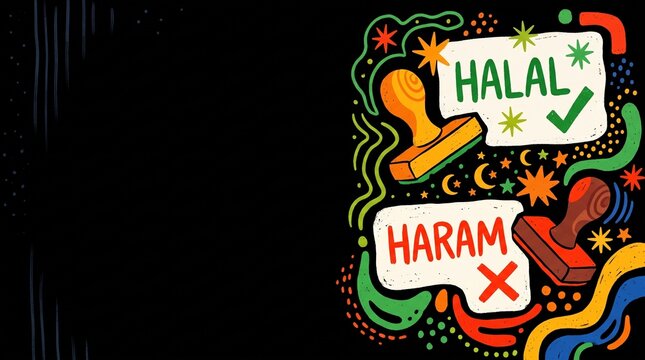 Halal and Haram certified rubber stamp illustration, Islamic food compliance concept, colorful doodle typography background
