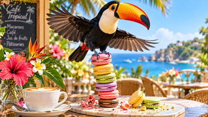 Fototapeta premium Whimsical tropical composition featuring a colorful toucan with extended wings perched on a tower of pastel macarons, surrounded by flowers, coffee and a bright coastal landscape