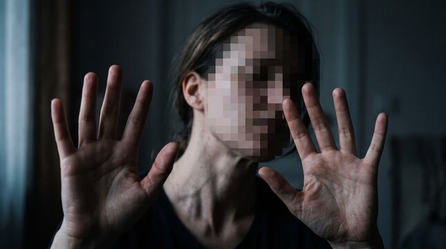 Woman raises both hands near glass in a pixelated privacy portrait