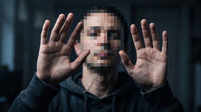 Man raises both hands near glass with a pixelated face