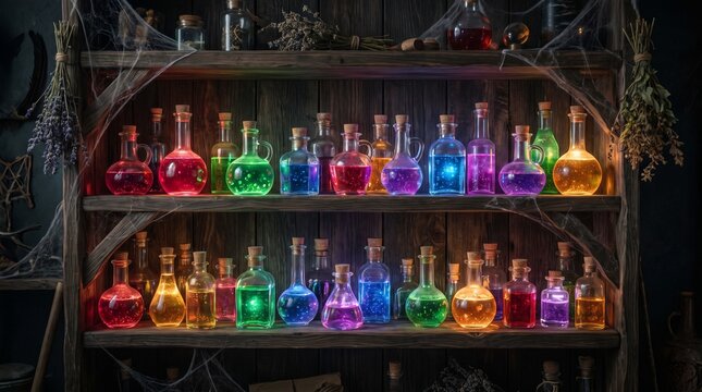 Collection of glowing colorful glass magic potion bottles on rustic wooden shelves with cobwebs and dried herbs in a mystical alchemy shop.