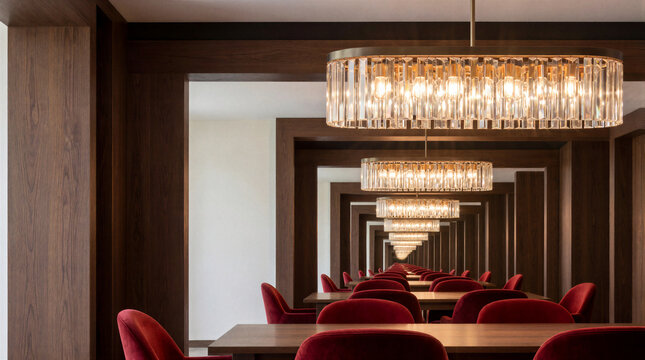 Recursive dining room featuring infinite reflection of crystal chandeliers, wooden tables, and red velvet chairs