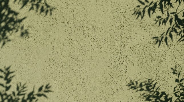 Natural tree leaf shadows framing a textured olive green plaster wall background with copy space
