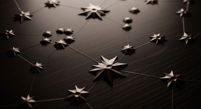 Multiple star-shaped metallic objects connected by thin wires on a dark surface.