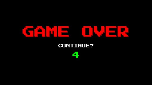 Retro pixel game over text animation with continue countdown for video game defeat screen