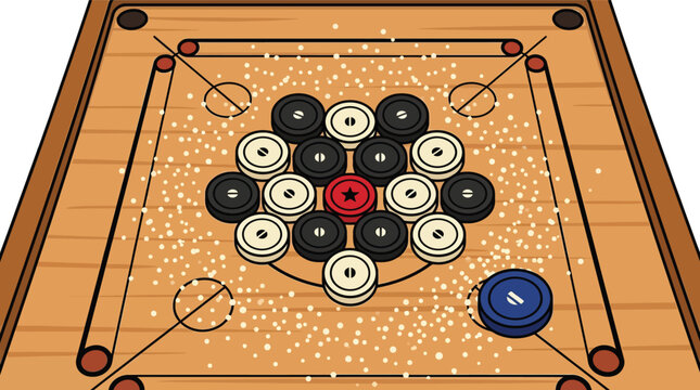 Traditional carrom board game vector illustration, wooden tabletop game with black and white coins, striker and boric powder on carrom surface