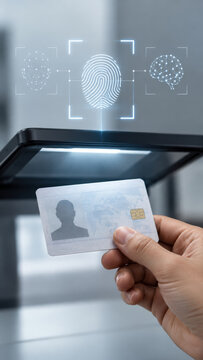 Person holding identity card near biometric scanner with AI risk and threat safety concerns