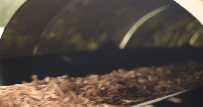 Advanced wood-processing machinery is cutting and shredding eucalyptus wood into fine mulch for pulp production.