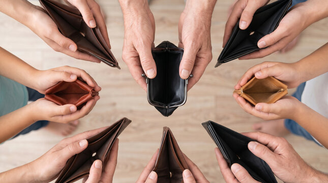 Inflation drives empty wallet expressions among diverse adults. Economy finance recession crisis. bankruptcy debt loss broke, poverty poor unemployment, money budget saving