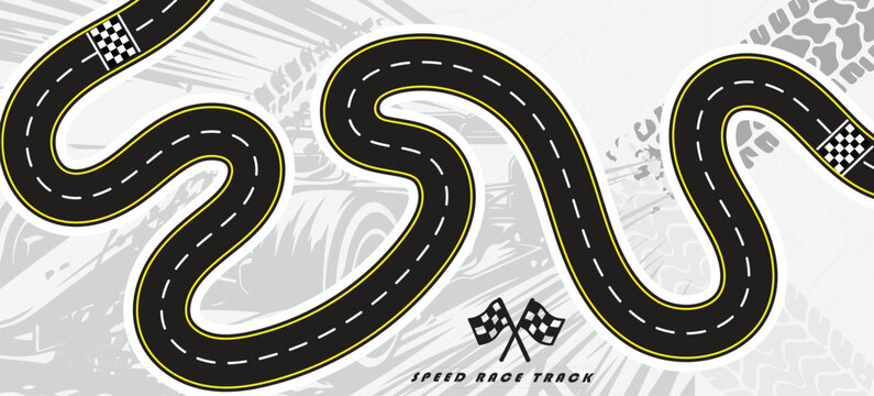 Speed Race Background. Race track in black color with tyre marks and city map on a white background.