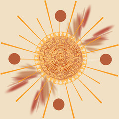Złoty wzór ze słońcem w stylu azteckim na jasnym kremowym tle, minimalistyczna ilustracja boho etniczna mandala © Katarzyna