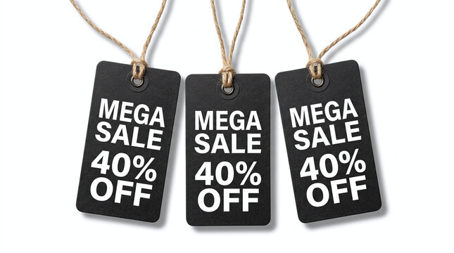 Three black mega sale tags with 40 percent off hanging on strings
