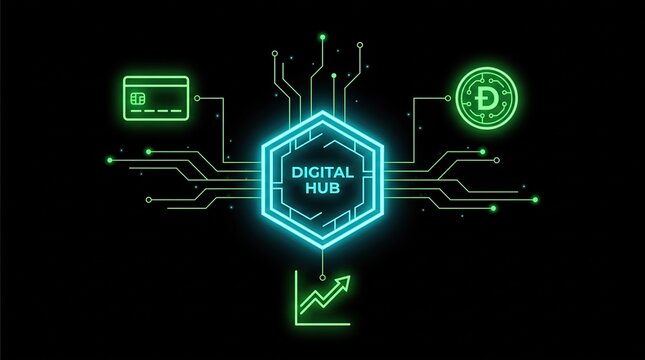 Digital cryptocurrency network showing decentralized finance connections with glowing neon icons on a dark background