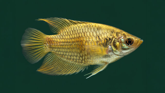 Gold pearlscale gourami fish swimming gracefully against a dark green background