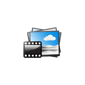 Modern multimedia icon featuring stacked photographs with blue sky and cloud background, combined with a black film strip symbol, representing photography, video, and digital media content.