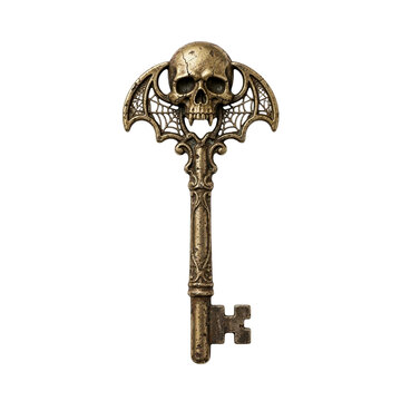 Antique bronze skeleton key with skull head bat wings and spiderweb isolated on transparent background