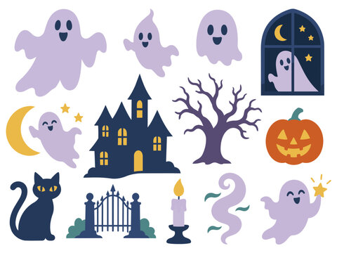 ハロウィンモチーフセット おばけセット かわいいホラー ハロウィン 幽霊 お化け おばけ 秋のイベント素材 グラフィック イラスト素材