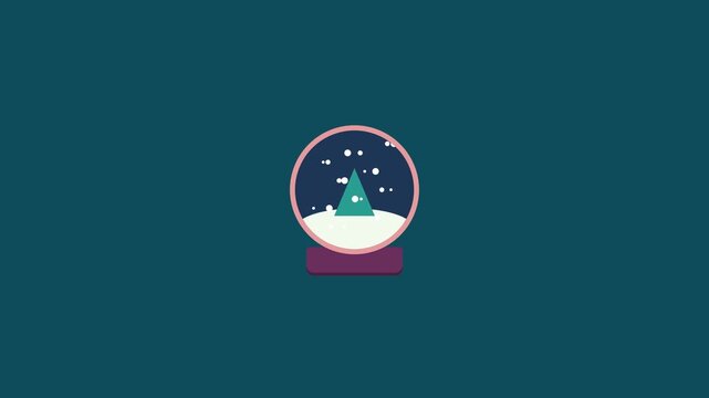 Cartoon snow globe with christmas tree and falling snow on teal background for winter holiday motion graphics design