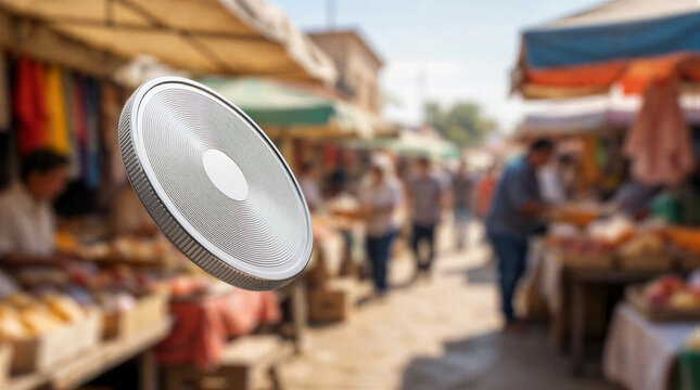 Spinning silver coin caught mid-air at peak arc against soft out-of-focus market backdrop