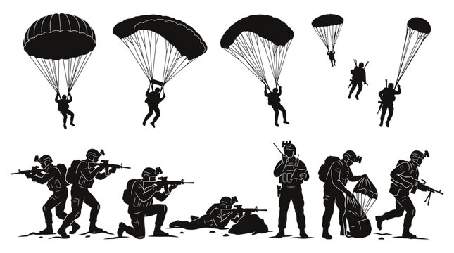 Set of black silhouettes of soldiers with parachutes and military men with rifles in various action poses and positions