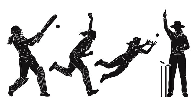 Black silhouette set of female cricket players batting bowling catching and umpire signaling out in a sports match