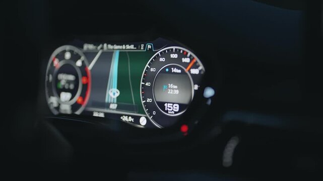 Drive on unlimited speed highway road in Germany pov, modern car cockpit dashboard with a speedometer and a fuel gauge. The speedometer shows a speed over 150 kmh and no speed limit sign