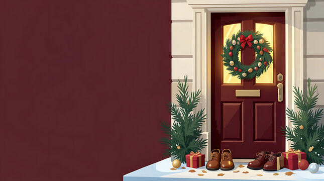 Christmas door wreath with holiday decorations and shoes on doorstep