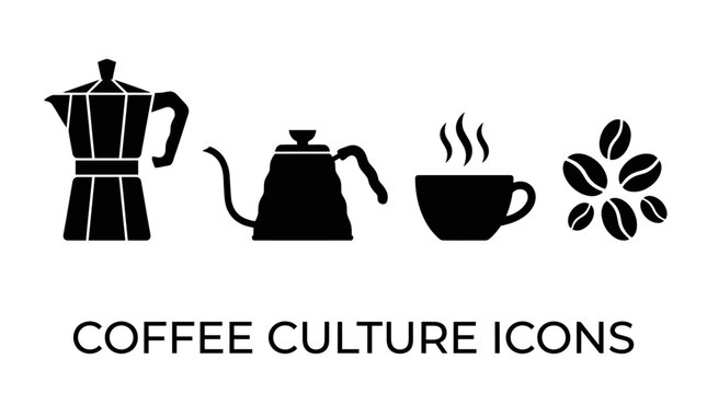 Set of black coffee icons including moka pot kettle cup and roasted coffee beans for cafe and restaurant branding