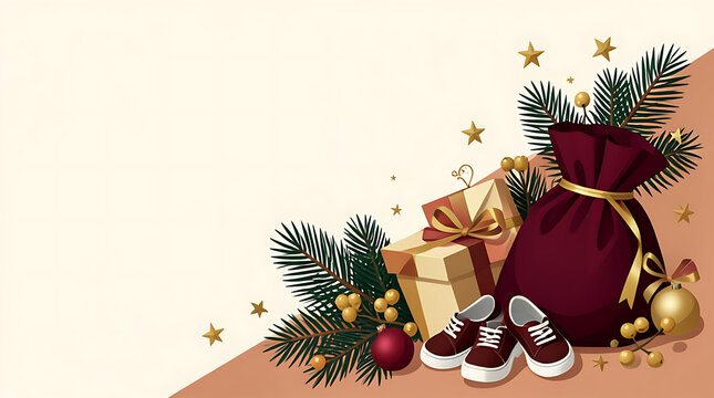 Christmas holiday celebration with gift box pine branches and shoes
