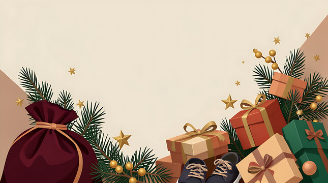 Christmas gift sack stocking and presents with pine branches and