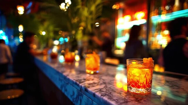 Cocktails with orange zest stand in a row on the marble bar counter. Concept of an alcohol party, evening relaxation and a bar atmosphere
