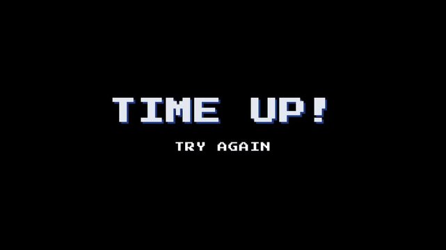 Retro time up text with try again message in white and blue pixel style for video game design