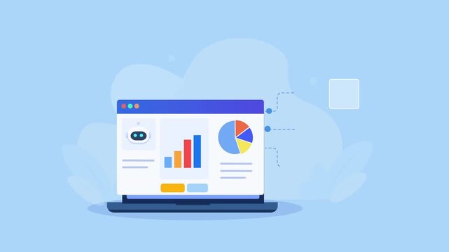 Flat vector animation showing a laptop analytics dashboard with bar and pie charts connected to target and verification icons for business performance tracking.