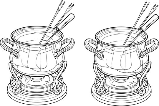 Fondue pot vector outline drawing set showing dual kitchen cookware
