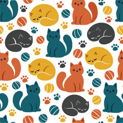 Fototapeta premium Cozy Cats vector illustration collection with rounded sitting cats, curled sleeping cats, small paw prints and chunky toy balls